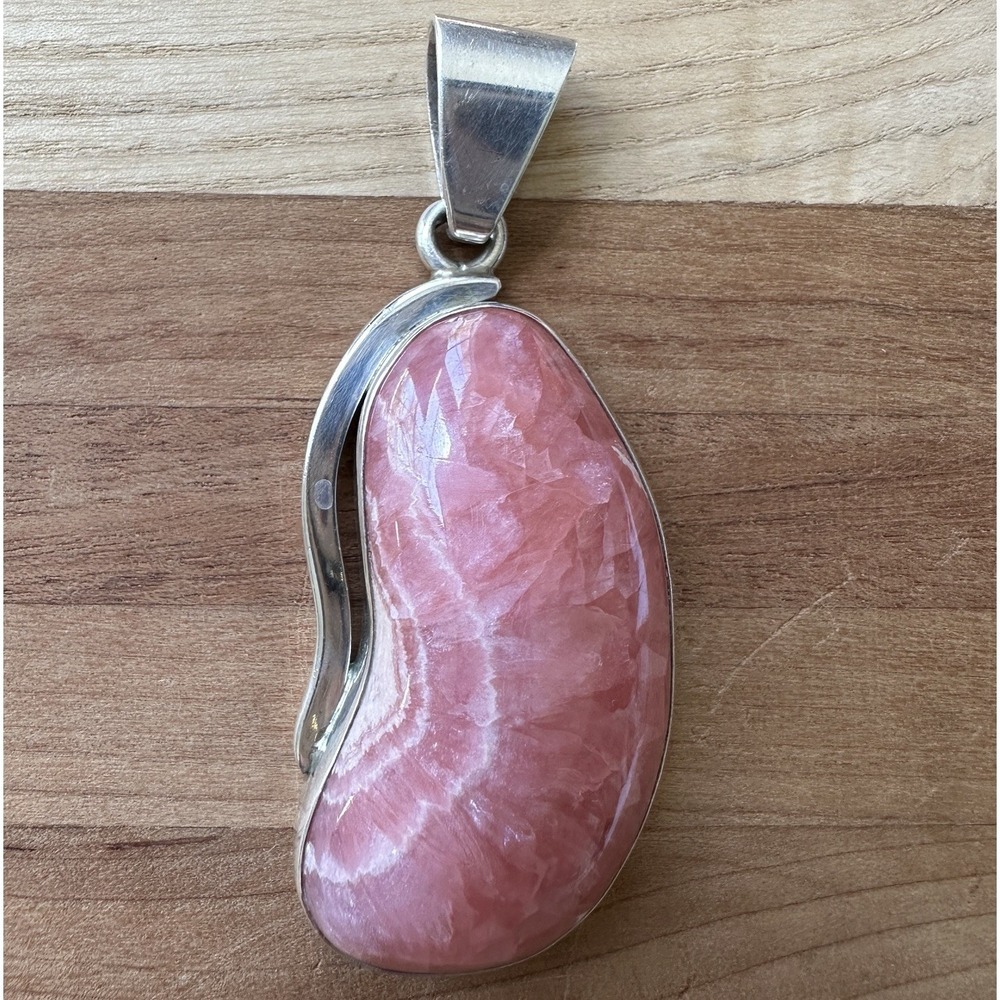 VTG Artisan Crafted Pendant 2.5 Inch Pink Gem Rhodochrosite 925 Sterling 31.6g